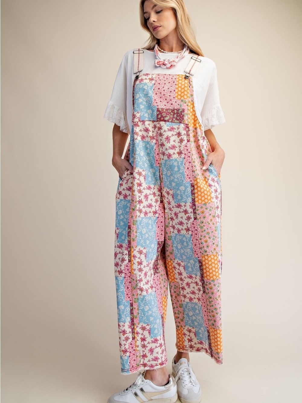 NEW EASEL PATCHWORK PRINT WASHED OVERALLS SIZE M BOHO - Picture 3 of 8